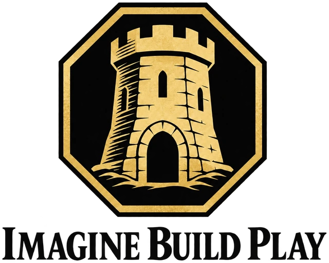 Imagine Build Play — gold castle tower in a black octagonal crest
